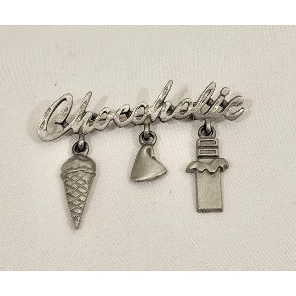 Vintage Spoontiques Pewter Chocoholic Brooch with Dangling Dessert Charms